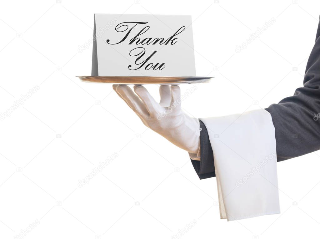 Waiter offering a tray with a Thank you card