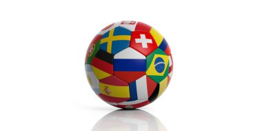 Beyaz arka plan üzerinde izole dünya bayrakları ile futbol futbol topu. 3D çizim