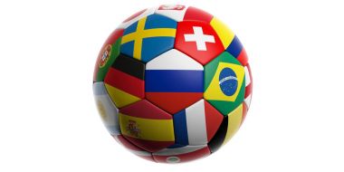 Beyaz arka plan üzerinde izole dünya bayrakları ile futbol futbol topu. 3D çizim