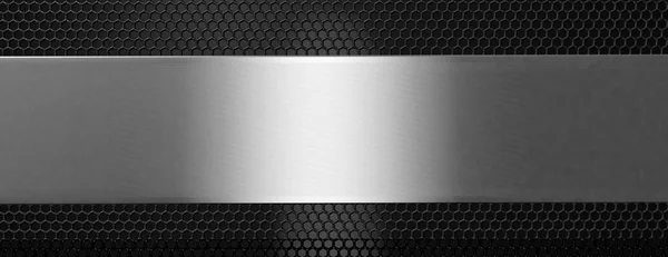 Ασημένια μαύρο μεταλλική πλάκα και σχάρα, banner. 3D απεικόνιση — Φωτογραφία Αρχείου