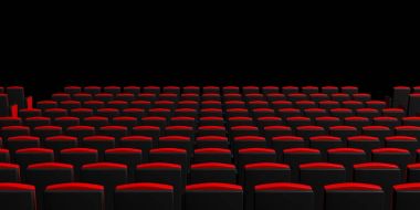 Siyah arka plan, sinema sandalyeler tasarlamak arkadan, görüntüleyin. 3D çizim