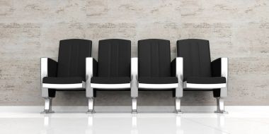 Bekleme odası. Beyaz zemin üzerine boş siyah sandalye. 3D çizim