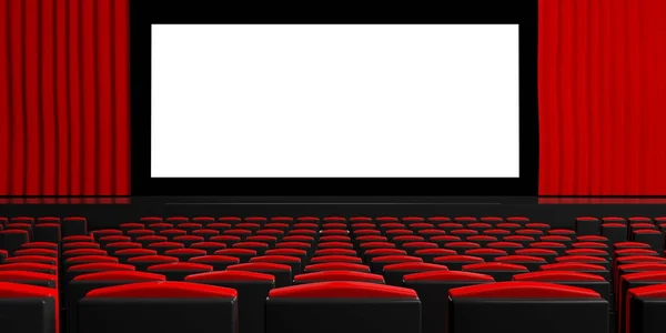 Blank theater screen with curtains, empty chairs, space for text. 3d illustration — Stock Photo, Image