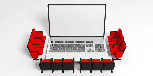 Sillas de cine alrededor de una computadora portátil, pantalla blanca en blanco para copyspace, fondo blanco. ilustración 3d — Foto de Stock