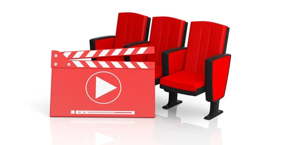 Bioskop clapper board dan kursi teater terisolasi dengan latar belakang putih. Ilustrasi 3d — Stok Foto
