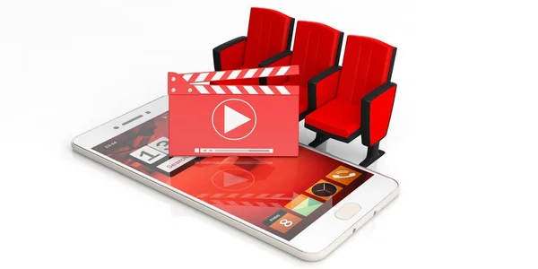 Sinema Film clapper kurulu, tiyatro koltukları ve beyaz arka plan üzerinde izole bir smartphone. 3D çizim — Stok fotoğraf