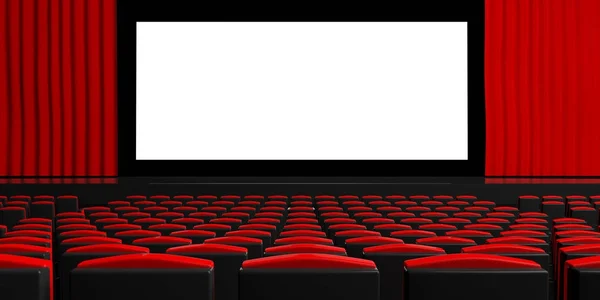 Lege theater scherm met lege stoelen, gordijnen, ruimte voor tekst. 3D illustratie — Stockfoto