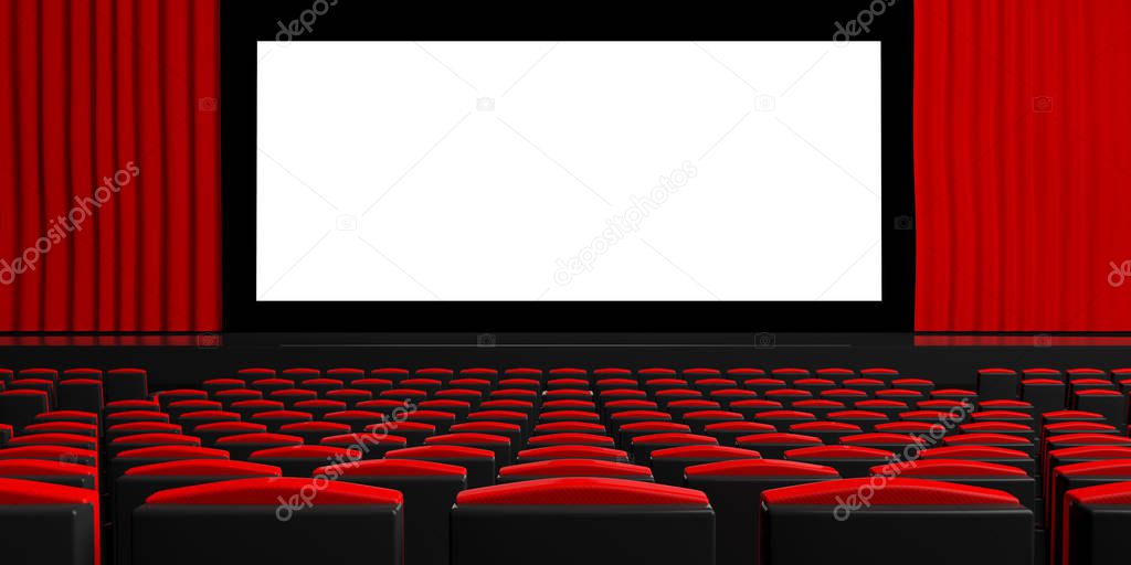 Blank theater screen with curtains, empty chairs, space for text. 3d illustration