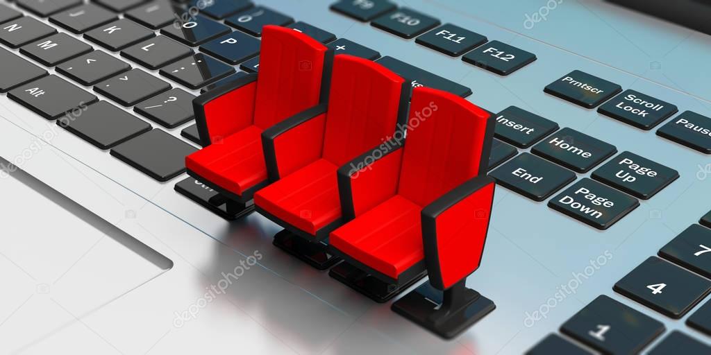 Home cinema concept. Cinema chairs on laptop. 3d illustration