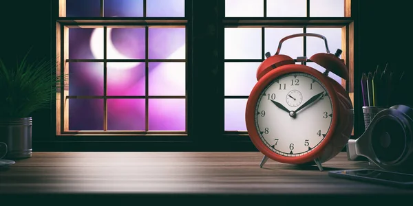 Trabajando concepto tarde. Reloj despertador en un escritorio de madera. ilustración 3d . — Foto de Stock