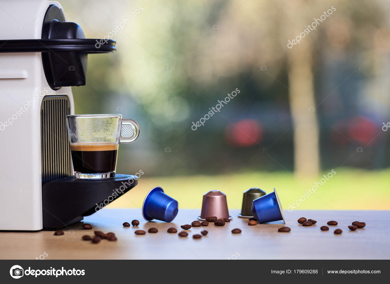 Espresso Coffee Machine On A Wooden Table Blur Background Space