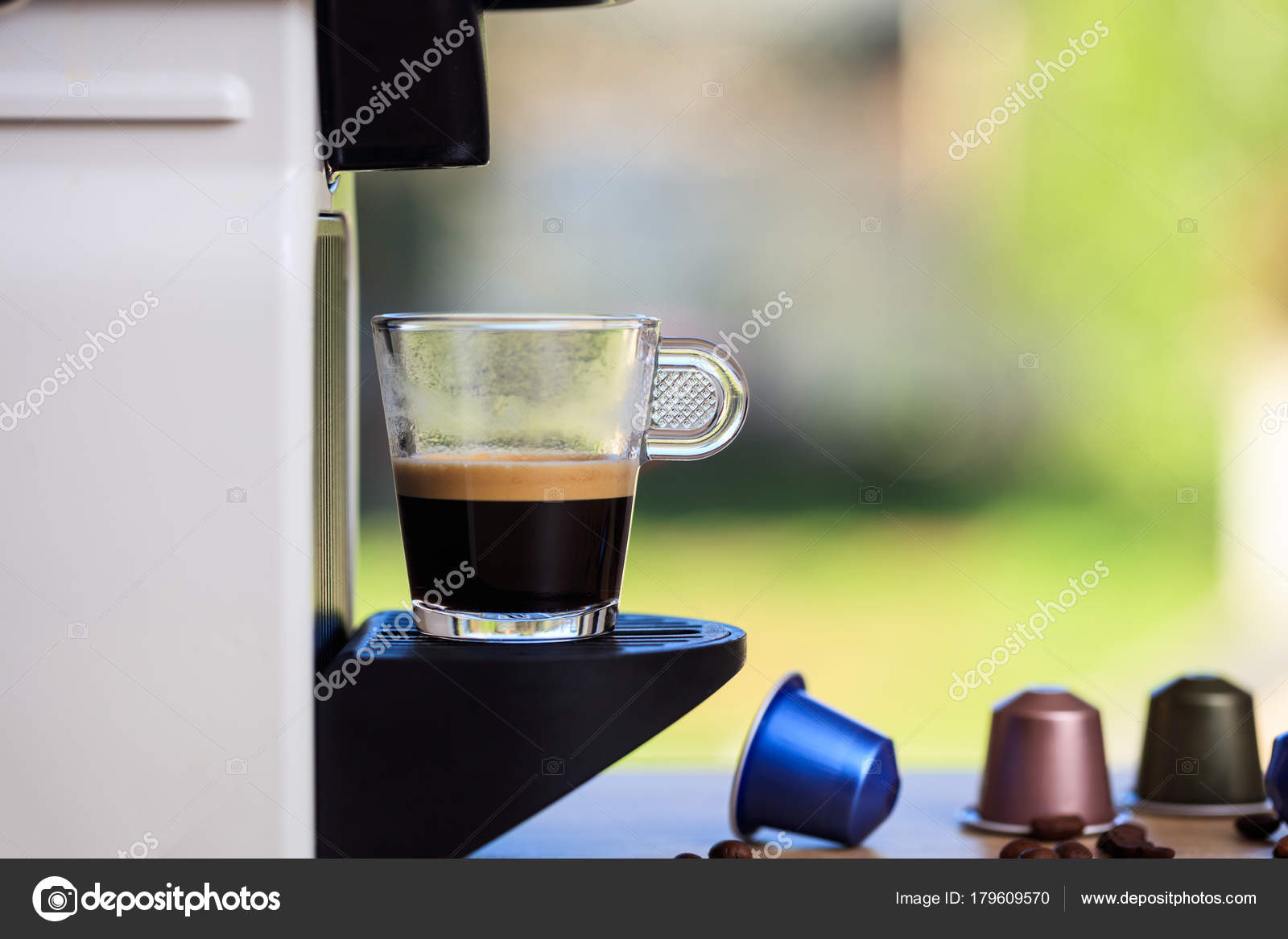 Espresso Coffee Machine On A Wooden Table Blur Background Space