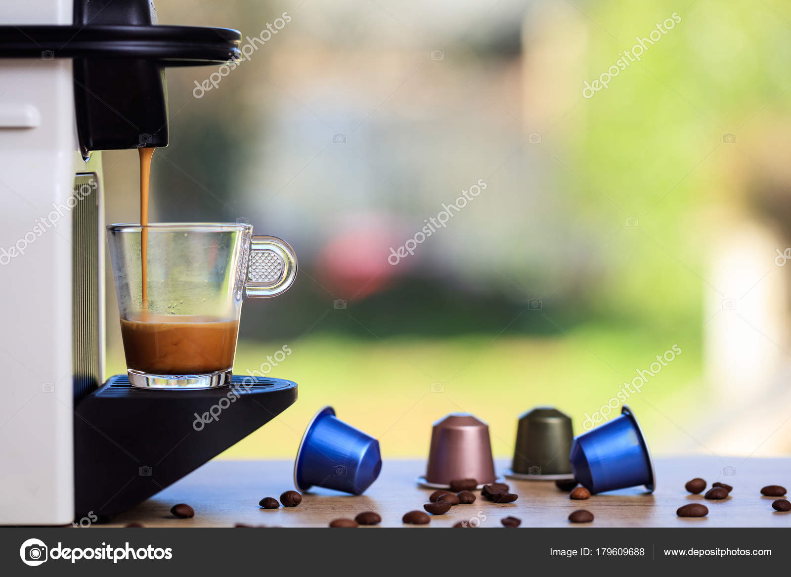 Espresso Coffee Machine On A Wooden Table Blur Background Space