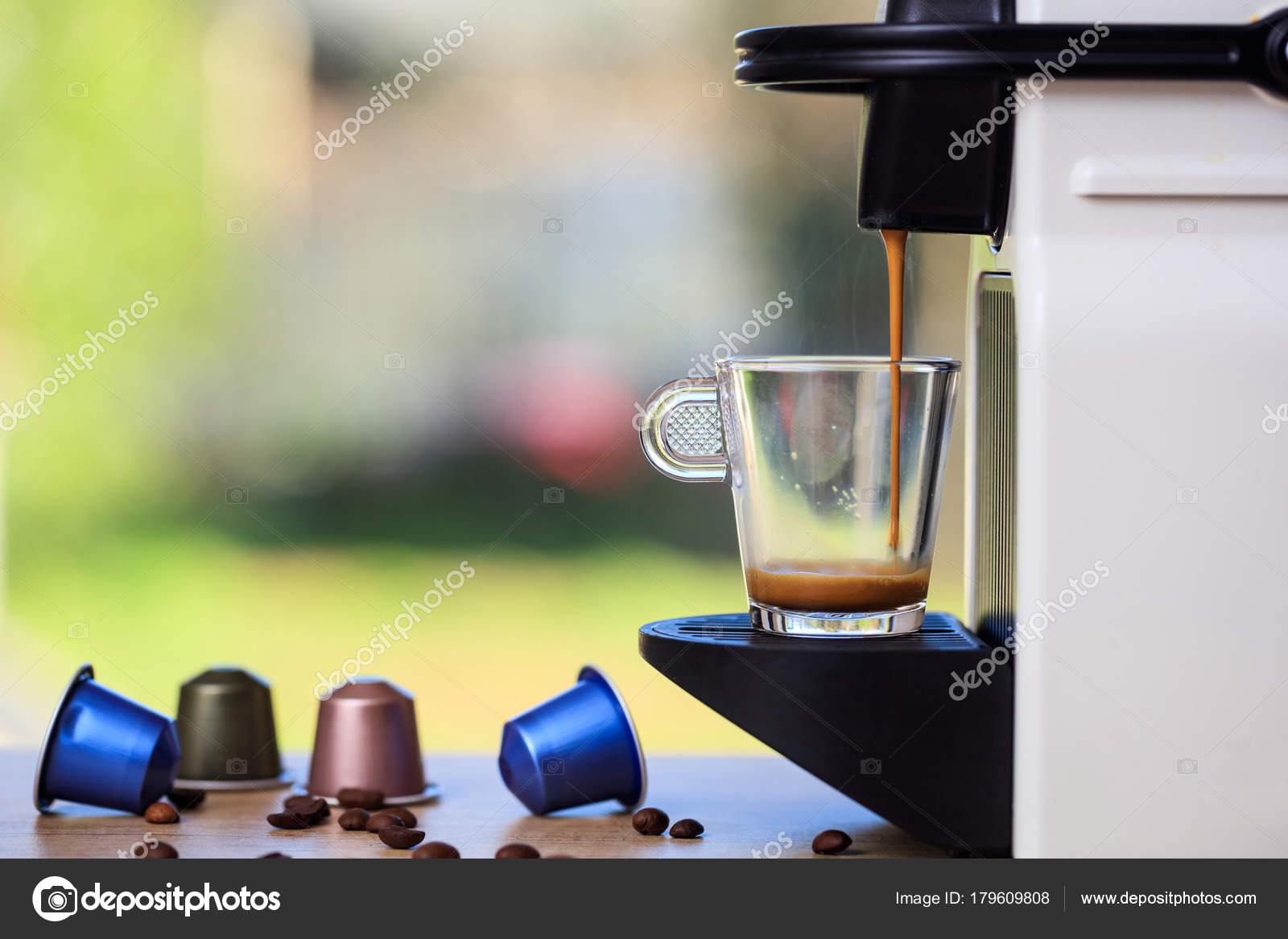 Espresso Coffee Machine On A Wooden Table Blur Background Space