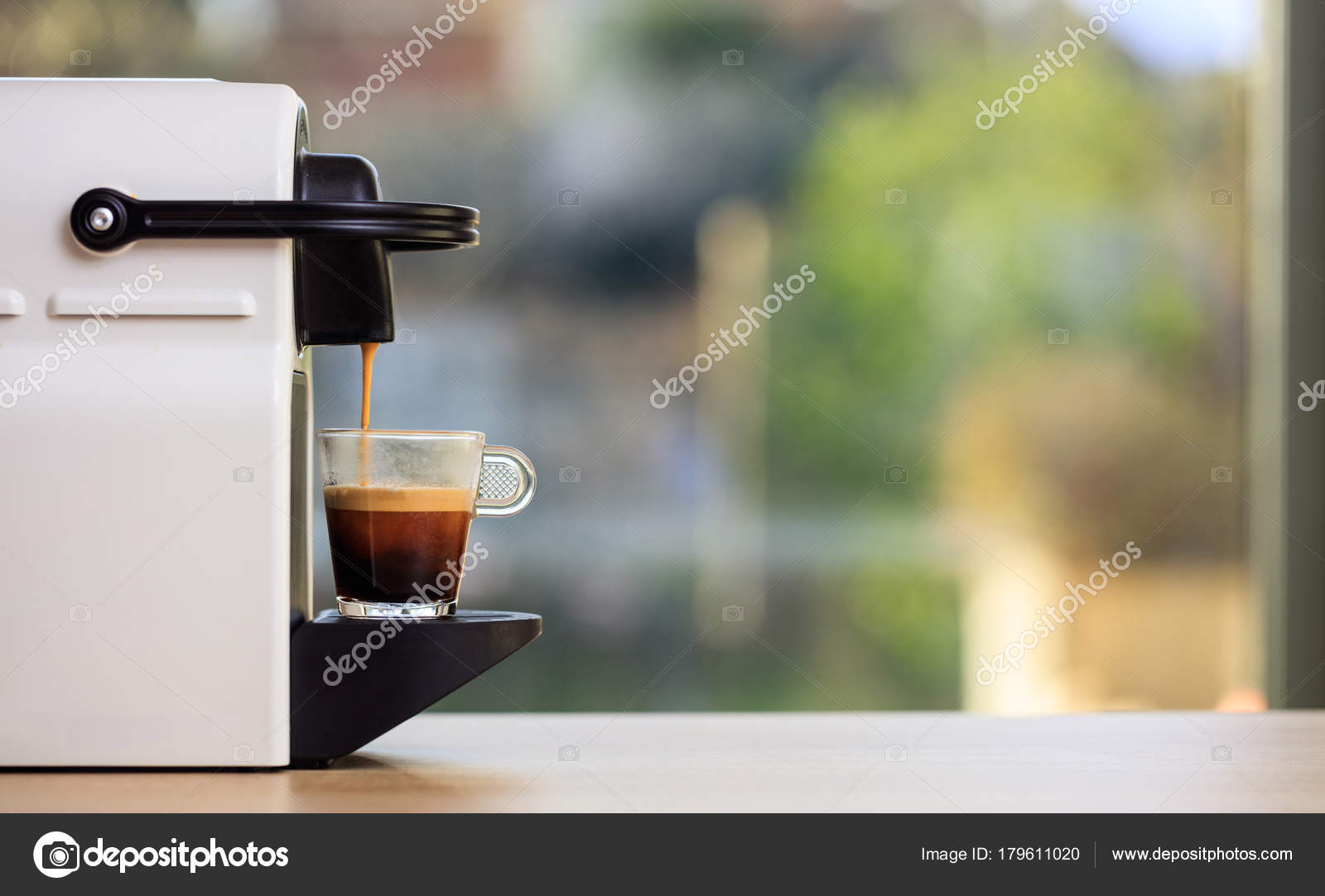 Espresso Coffee Machine On A Wooden Table Blur Background Space