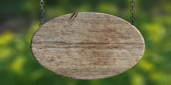 Drewniany znak puste na tle rozmycie zielone tło. ilustracja 3D — Zdjęcie stockowe