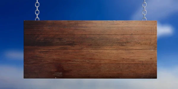 青い空を背景に分離された空白の木製看板。3 d イラストレーション — ストック写真