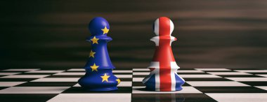 Brexit kavramı. Amerika Birleşik Devletleri ve Avrupa Birliği bayrakları satranç piyon bir satranç tahtası üzerinde. 3D çizim