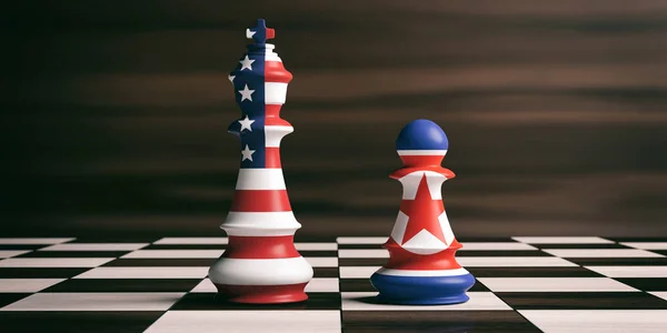 USA and North Korea flags on chess kings. 3d illustration