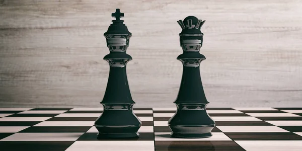 Siyah satranç Kral ve Kraliçe bir satranç tahtası üzerinde. 3D çizim — Stok fotoğraf