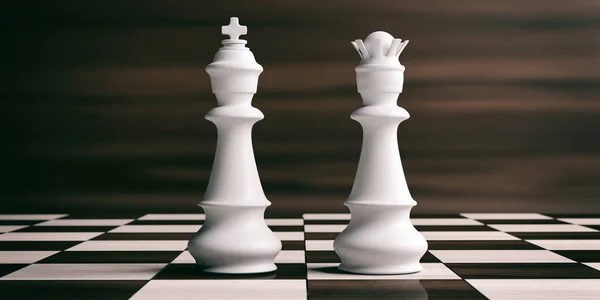 国际象棋棋盘上的白棋国王和王后。3d 插图 — 图库照片