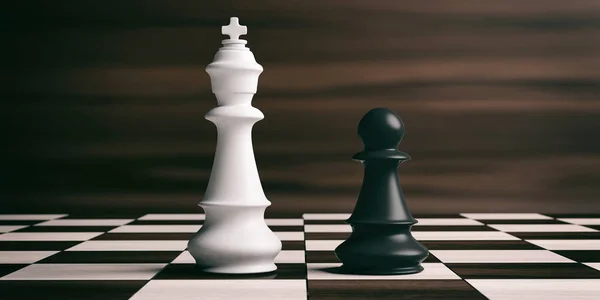 Roi des échecs blanc et pion noir sur un échiquier. Illustration 3d — Photo