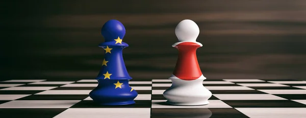 Japonsko a Evropská unie vlajky na šachy figurkami na šachovnici. 3D obrázek — Stock fotografie