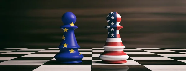 США і Європейський Союз прапори на шахи пішаки на Шаховій дошці. 3D ілюстрація — стокове фото