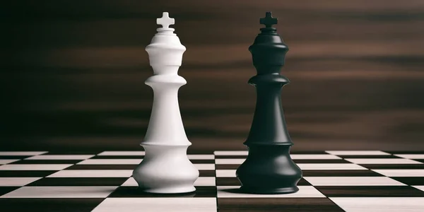 Білі та чорні шахові королі на шахівниці. 3d ілюстрація — стокове фото