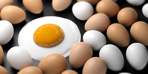 Colesterolo scritto sul tuorlo di un uovo fritto. Illustrazione 3d — Foto Stock