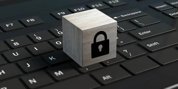 Cyber-Sicherheitskonzept. Schloss auf einem Würfel auf einem schwarzen Laptop. 3D-Illustration — Stockfoto