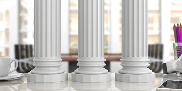 Três pilares clássicos em uma mesa de escritório, fundo borrão. ilustração 3d — Fotografia de Stock