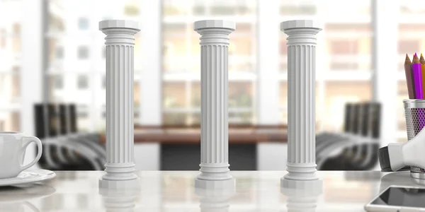 Tres pilares clásicos en un escritorio de oficina, fondo borroso. ilustración 3d — Foto de Stock