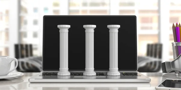 Tres pilares clásicos en una computadora, fondo de oficina. ilustración 3d —  Fotos de Stock