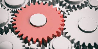 Gümüş cogwheels arka plan üzerinde kırmızı bir dişli. 3D çizim