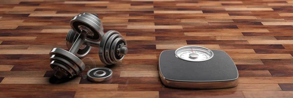 Fitness concept. Weegschaal en halters geïsoleerd op houten vloer, banner. 3D illustratie — Stockfoto