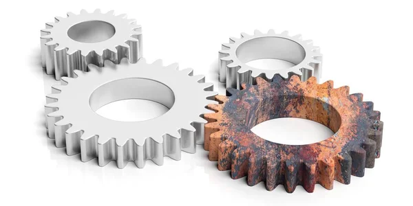 Ein rostiges Getriebe und drei silberne Zahnräder isoliert auf weißem Hintergrund. 3D-Illustration — Stockfoto