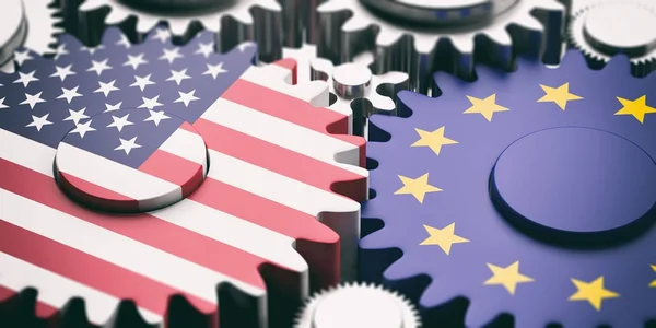 Evropská unie a nám z americké vlajky na kovová ozubená kola. 3D obrázek — Stock fotografie