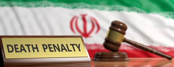 Trest smrti v Íránu. Soudce kladívkem na pozadí vlajky Írán. 3D obrázek — Stock fotografie