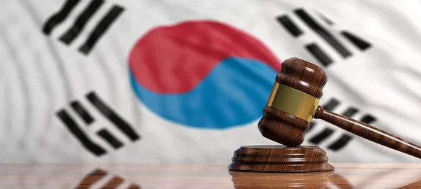 Juez o mazo de subasta en el fondo de la bandera de Corea del Sur. ilustración 3d — Foto de Stock