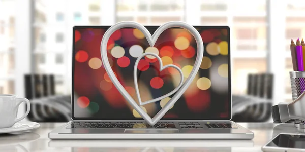 Valentinstag. weiße Herzen auf einem Computer, verschwimmen Bürohintergrund. 3D-Illustration — Stockfoto