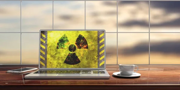 Simbolo di radiazione sullo schermo di un computer, sfocatura sullo sfondo del tramonto. Illustrazione 3d — Foto Stock