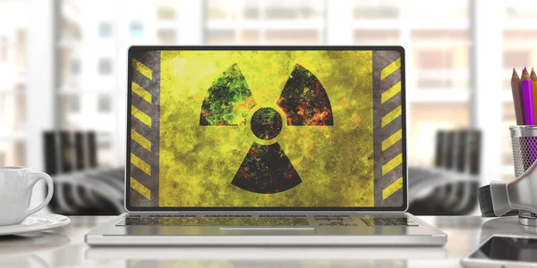 Símbolo de radiación en la pantalla de la computadora, fondo borroso de la oficina. ilustración 3d —  Fotos de Stock