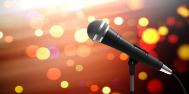 Canlı müzik konser kavramı. Mikrofon stand bokeh arka plan, afiş, kopya alanı. 3D çizim