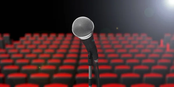 Microphone on the stage, blur theater seats background. 3d illustration — Stock Photo, Image