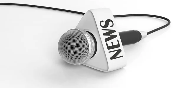 Nyheter koncept. Mikrofon med nyheter box isolerad på vit bakgrund. 3D illustration — Stockfoto