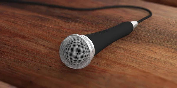 Microphone isolated on wooden background. 3d illustration