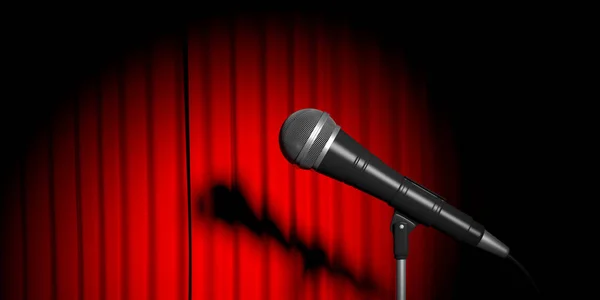 Microphone sur scène, fond rideau rouge. Illustration 3d — Photo