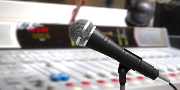 Mikrofon dalam posisi berdiri, latar belakang studio kabur. Ilustrasi 3d — Stok Foto