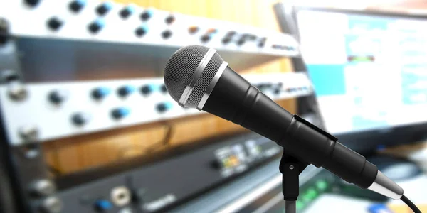 Microphone sur pied, fond de studio flou. Illustration 3d — Photo